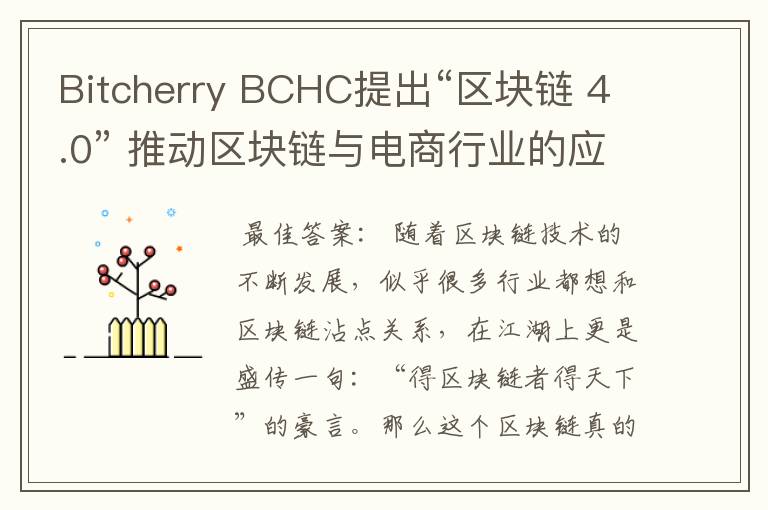 Bitcherry BCHC提出“区块链 4.0” 推动区块链与电商行业的应用实践